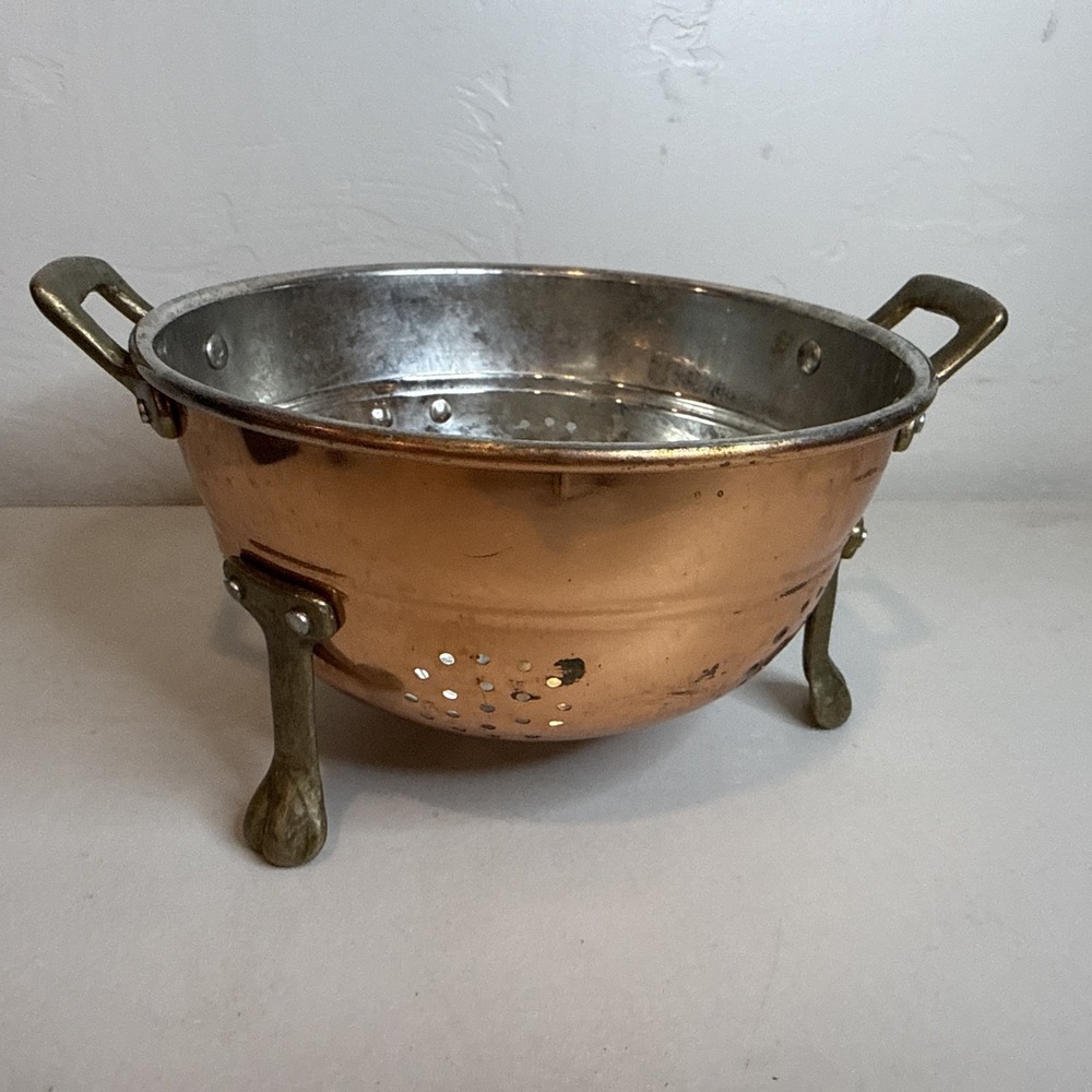 Vintage Copper Footed‎ Colander Brass Handles Kitchen Strainer Berry Fruit Bowl